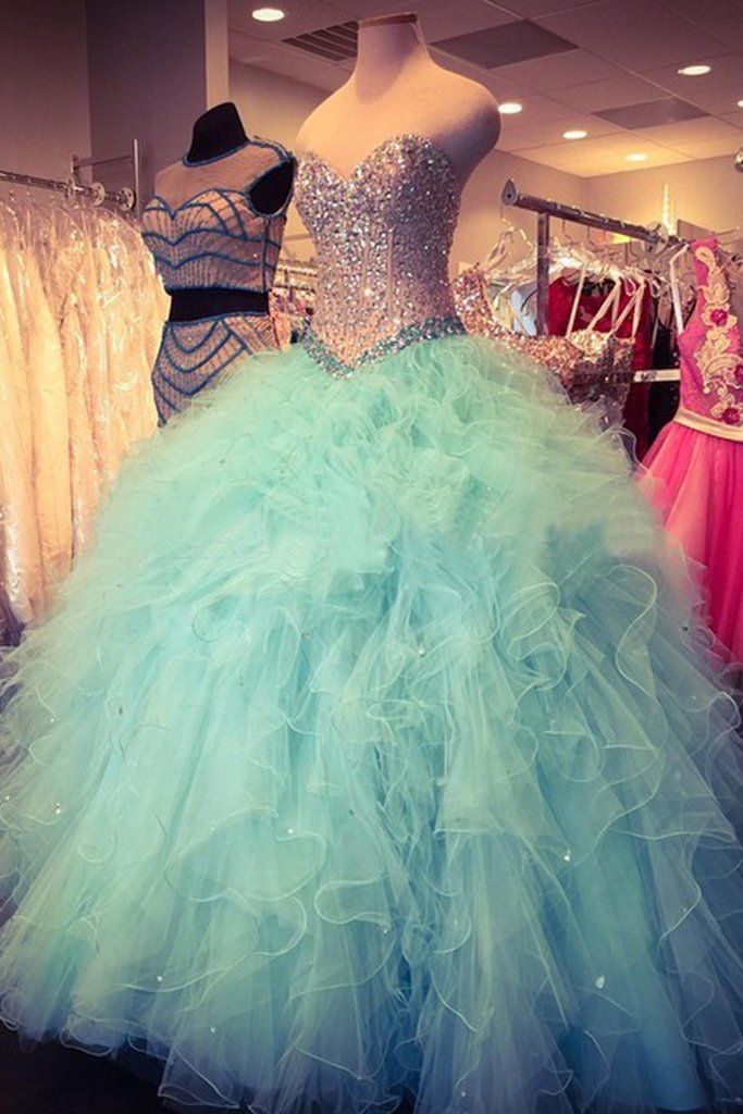 Elegant sleeveless tulle ball gown luxury crystal Ruffled Organza Mint  Green beaded quinceanera dresses sexy 16 Dress