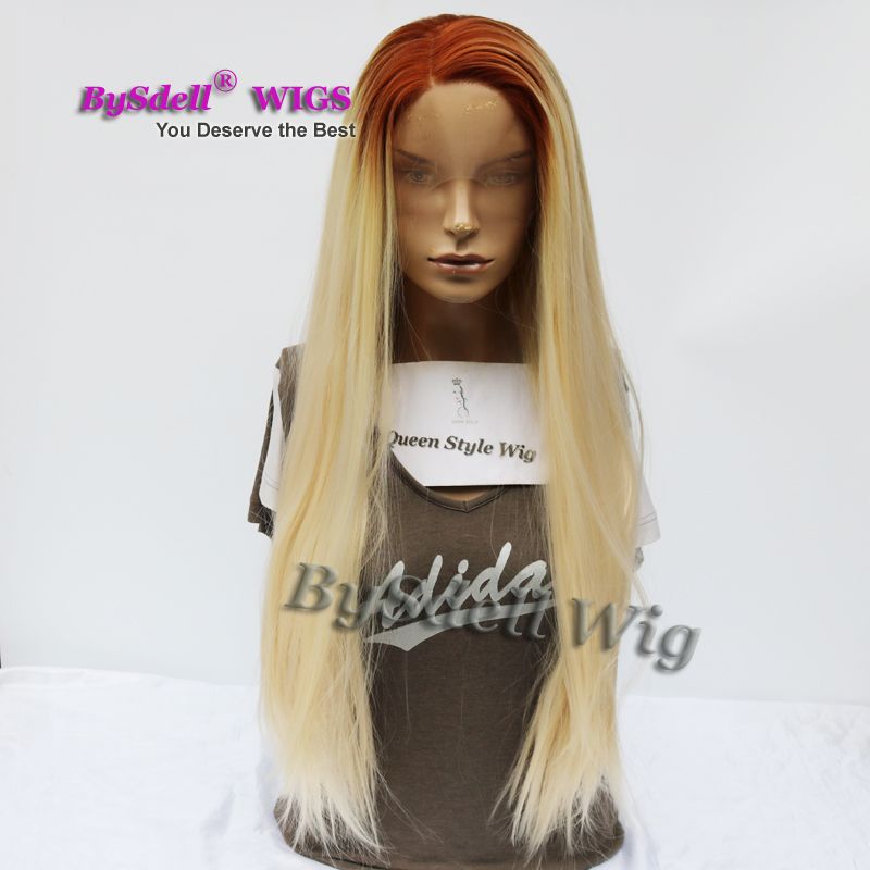 Long Silky Straight Blonde Hair Lace Front Wig Two Tone Brown