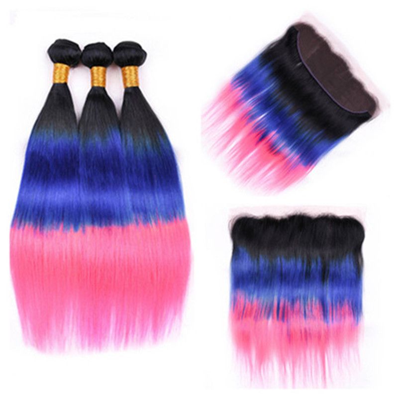 Dark Root 1b Blue Pink Ombre 13x4 Lace Frontal Closure With Weaves