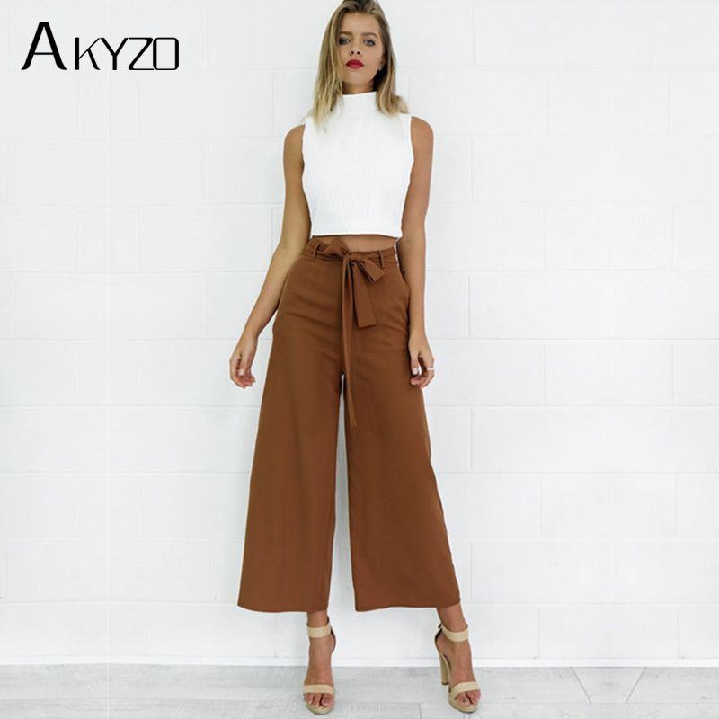 Compra AKYZO 2017 Mujeres Moda Media Cintura Pantalones Anchos Casuales  Pantalones Hasta El Tobillo Pantalones Palazzo Pantalones Fajas Con Lazo  Fondos Negros Y Marrones Barato | Entrega Rápida Y Calidad | Es.Dhgate