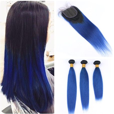 Grosshandel 1b Blue Dark Wurzel Ombre Lace Closure Stuck Mit 3 Bundles Straight Ombre Dunkelblaues Indisches Menschenhaar Spinnt Virgin Hair Weft