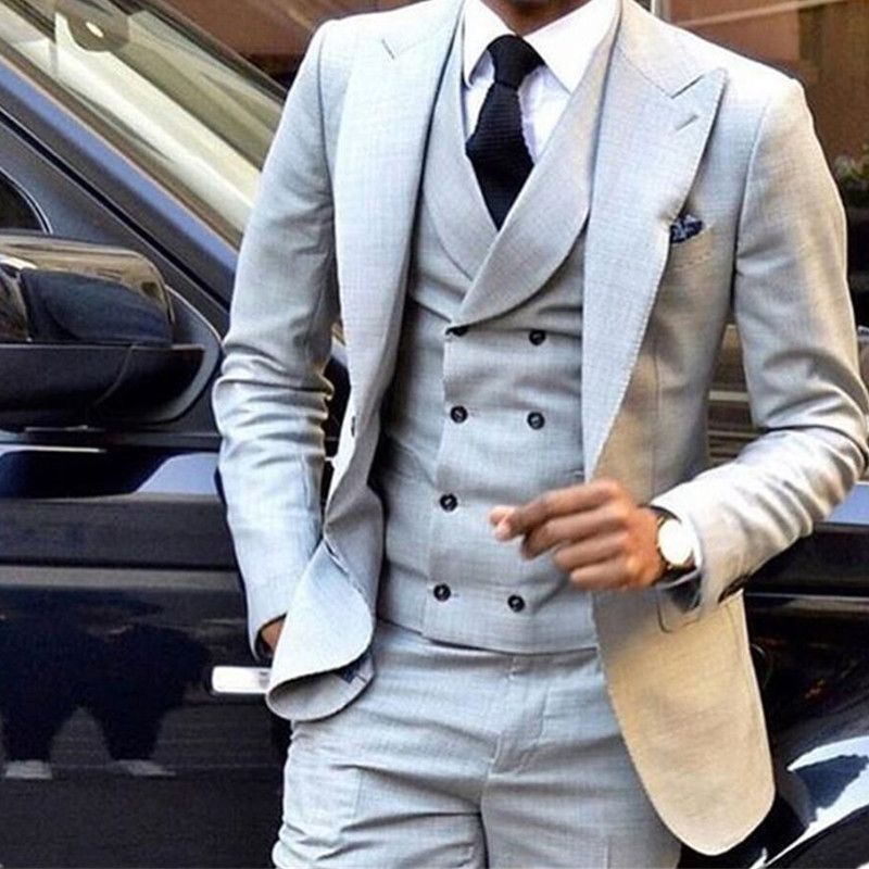 Mens Grey Double Breasted Suit 3Pcs Groom Tuxedos Wedding Formal Suit Custom 