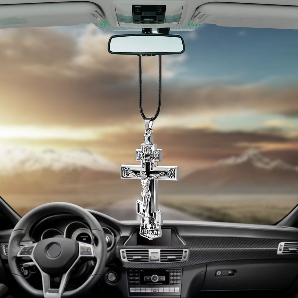 Charms Metal Jesus Crucifix Cross Car Rearview Mirror Decoration Hanging Pendant Automobiles Decor Ornaments Accessories Gifts Interior Vehicle