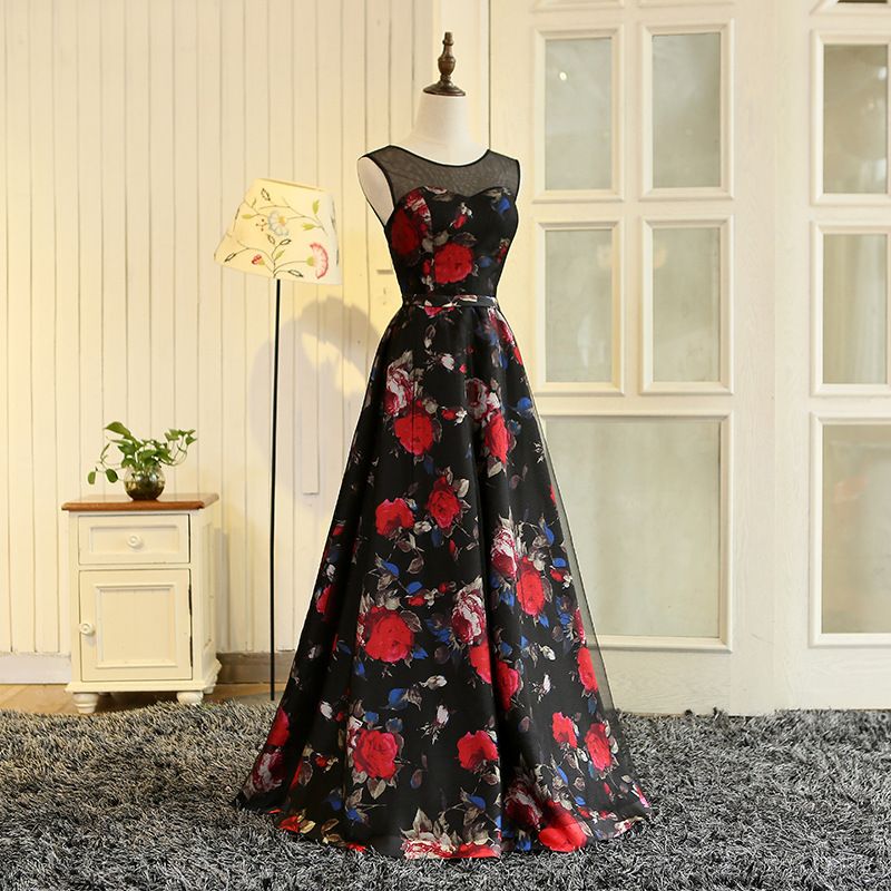 JaneVini 2018 estampado floral vestidos largos de para niñas vestidos noche elegante negro tul