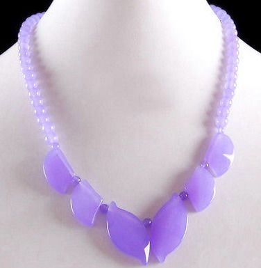 Purple Lavender Jade Beads Leaves White Gold Plated Clasp Necklace