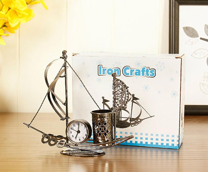 Creative Iron Craft 12cm Height Sailboat Clock Home Decor Desk Cabine gift-P01