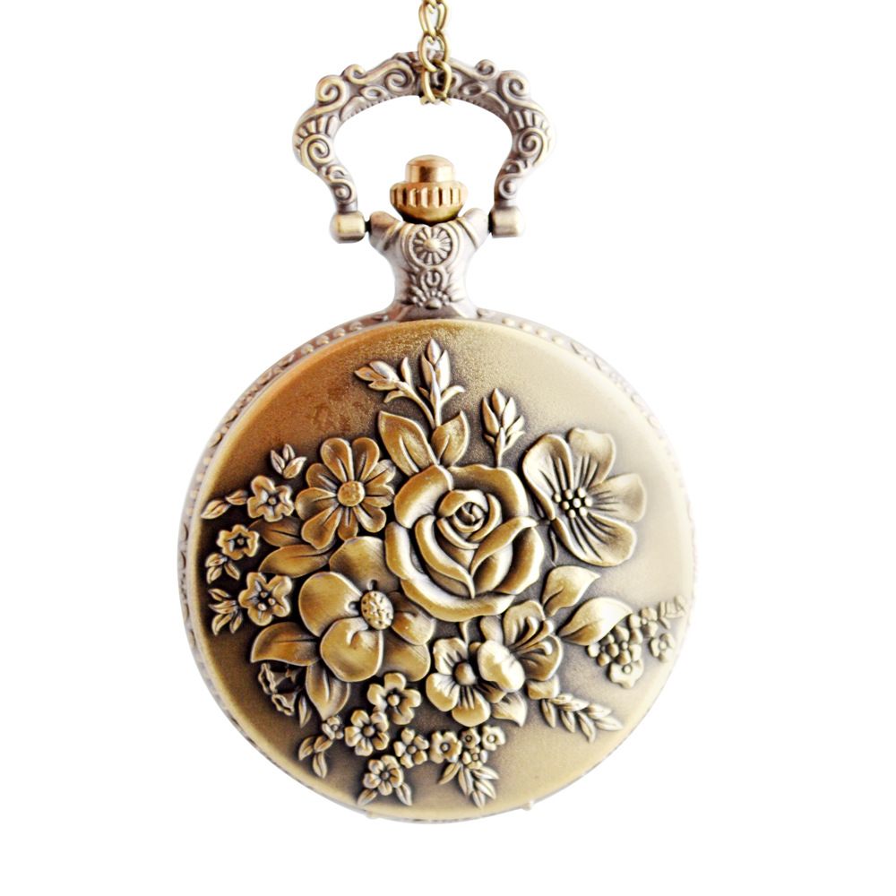 Antiguo reloj de bolsillo Cadena Flor Rosa Grabado para mujer Flip Bronce Caja Reloj Vintage