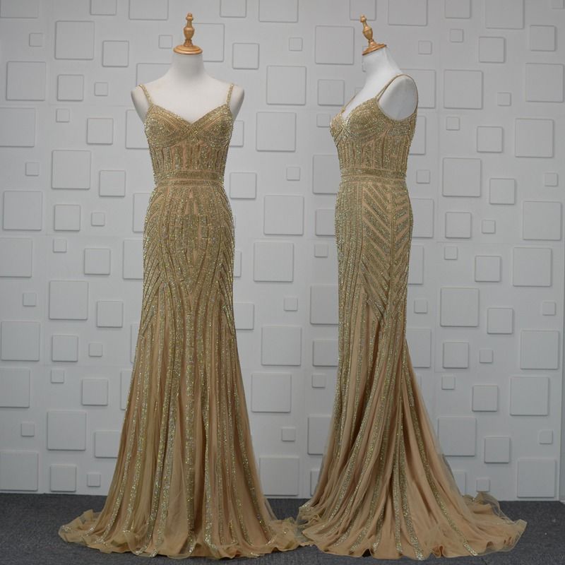 gold beaded prom dress