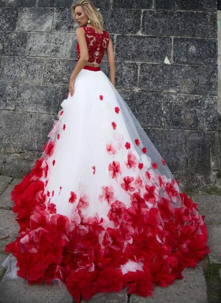 white wedding dress with red flowers