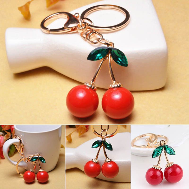 Crystal Red Cherry Metal Keychains Rhinestone Purse Handbag Ornaments