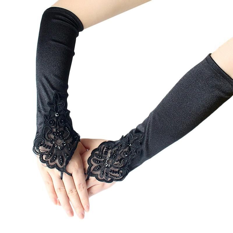 black fingerless elbow length gloves