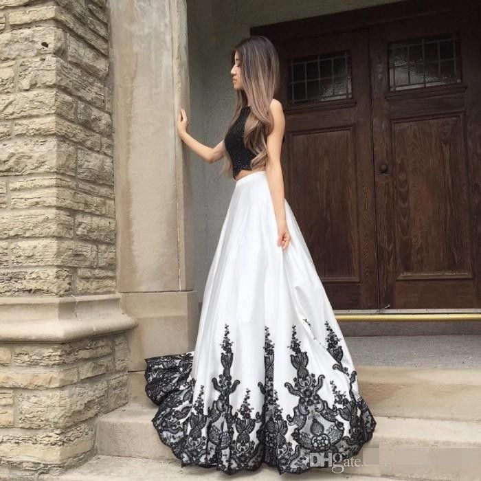 Vestido largo de fiesta blanco y negro con encaje de piezas 2018 NUEVO vestido de