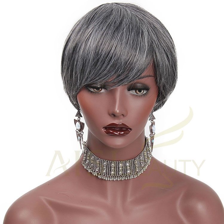Aisi Beauty Synthetic Short Cut Hair Wigs With Bangs Black Mixed Grey