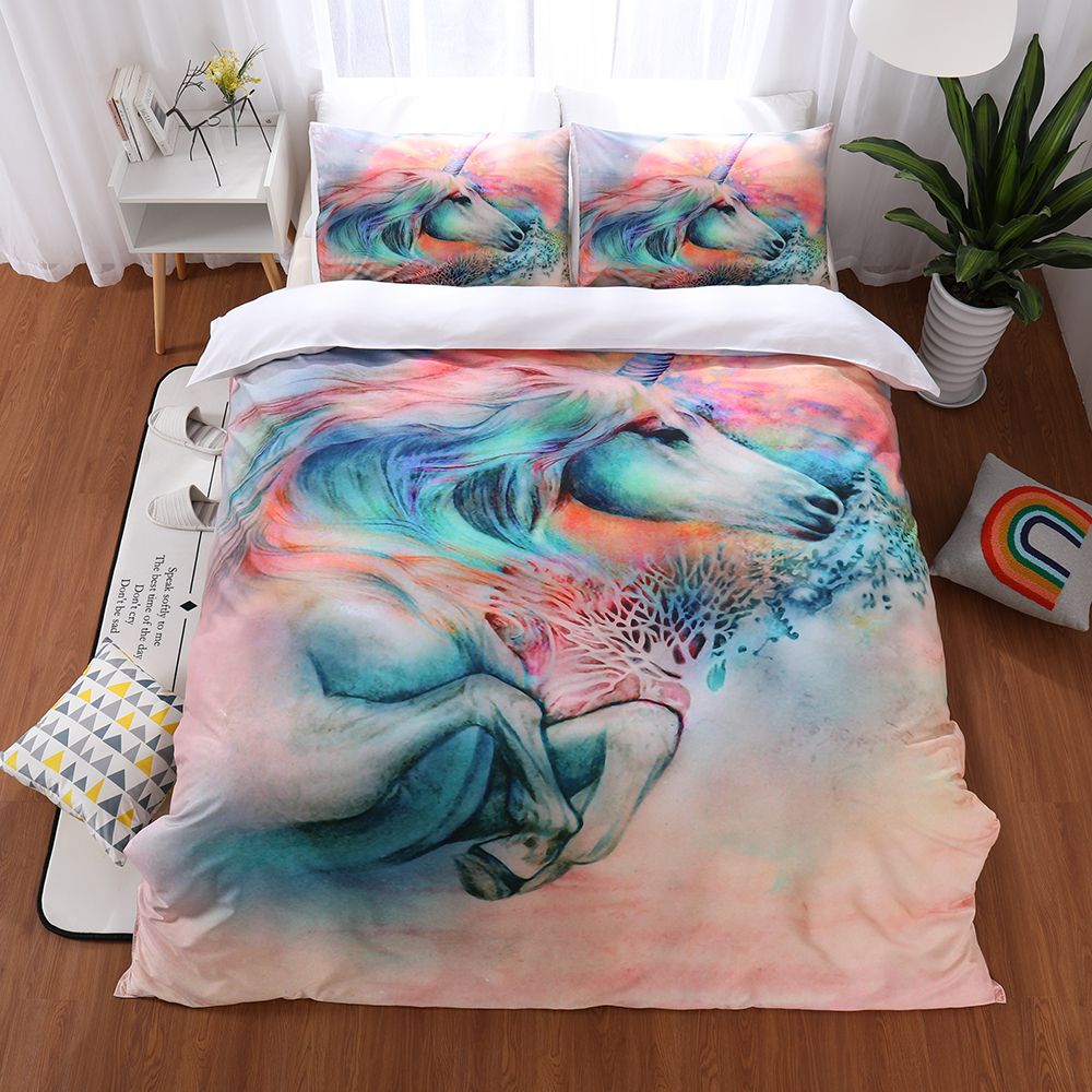 3d Colorful Reactive Printed Unicorn Bedding Set Twin Queen King
