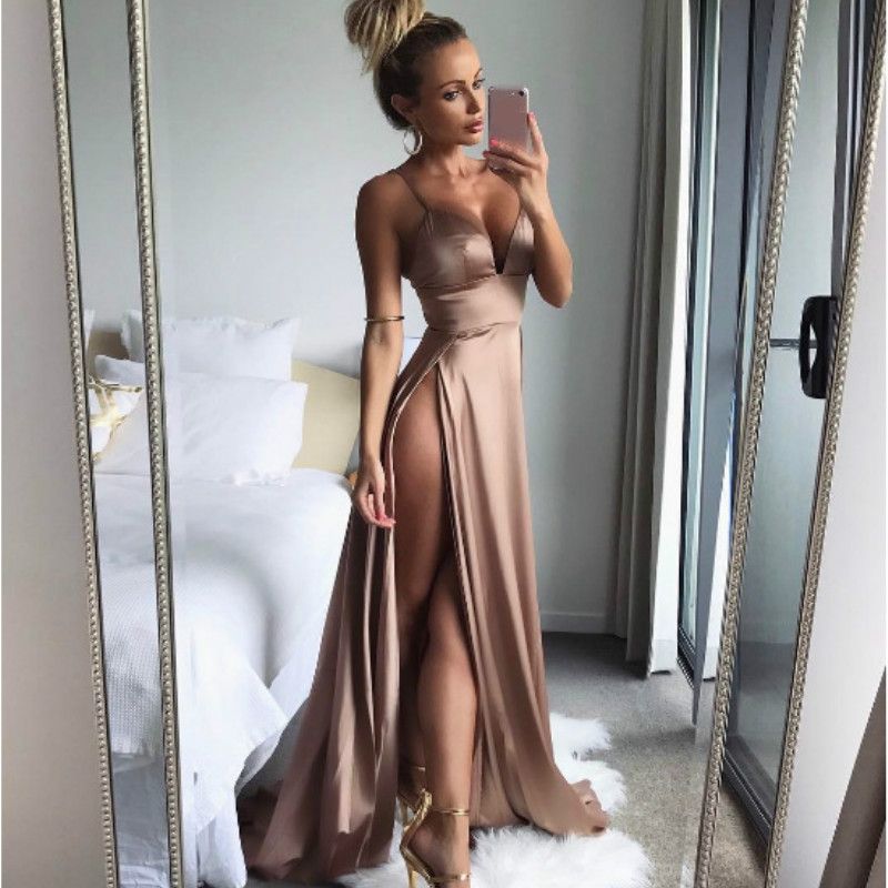 satin gold dress long