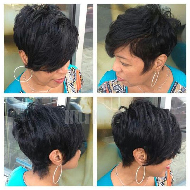 Hotkis 100 Human Hair Thick Hair Long Bangs Short Layered Cut Wigs Glueless Short Hair Black Bob Wigs For Black Women Layered Bob Style 1b Human Hair