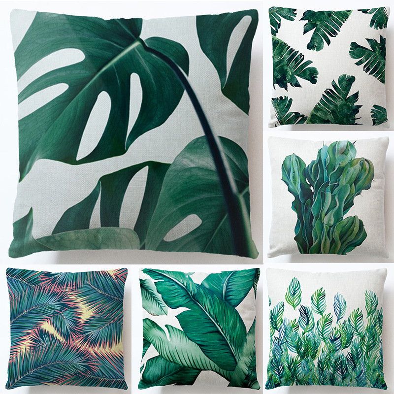 Green Tropical Forest Leaves Flax Fiber Linen Blend Cushion Cover Pillowcase
