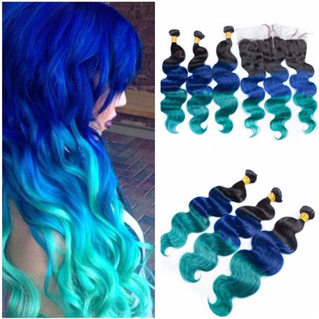 Dark Root 1b Blue Green Ombre 13x4 Lace Frontal Closure With