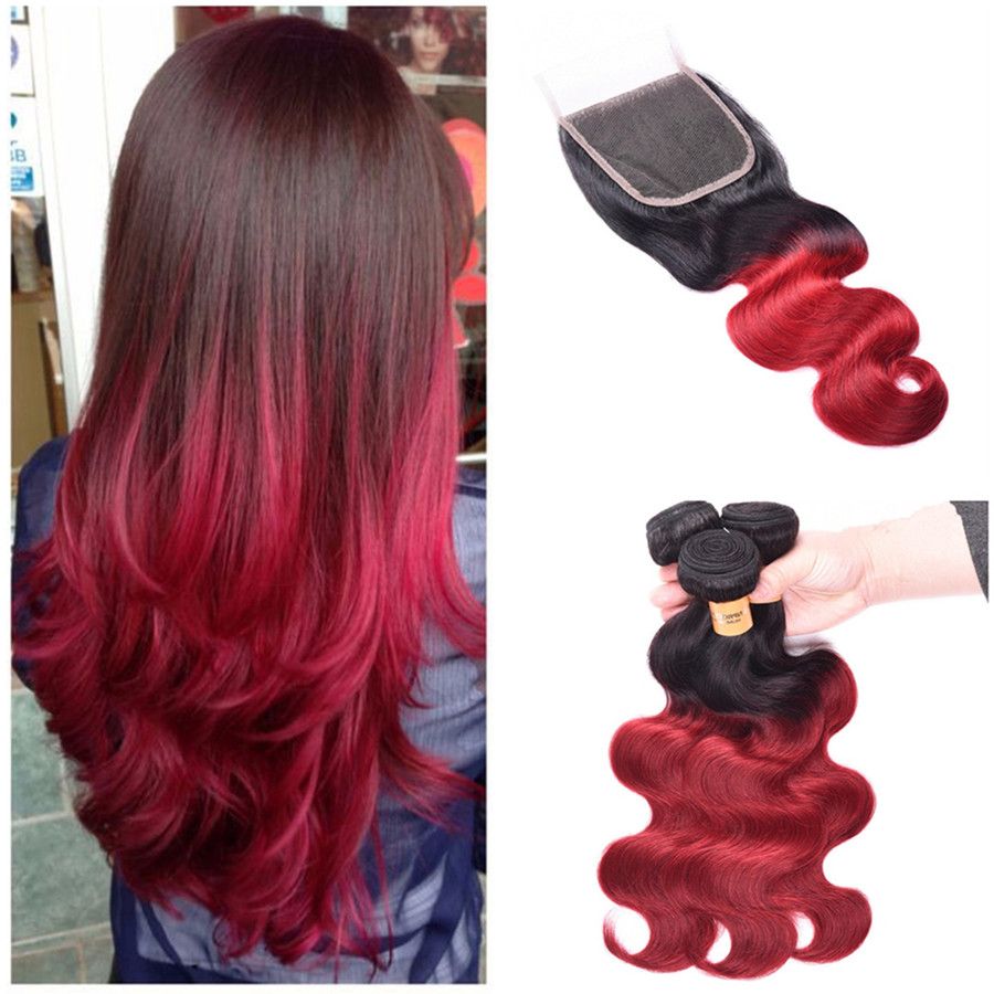 2019 Red Ombre Hair Bundles 2tone Hair Wefts With Lace Closure