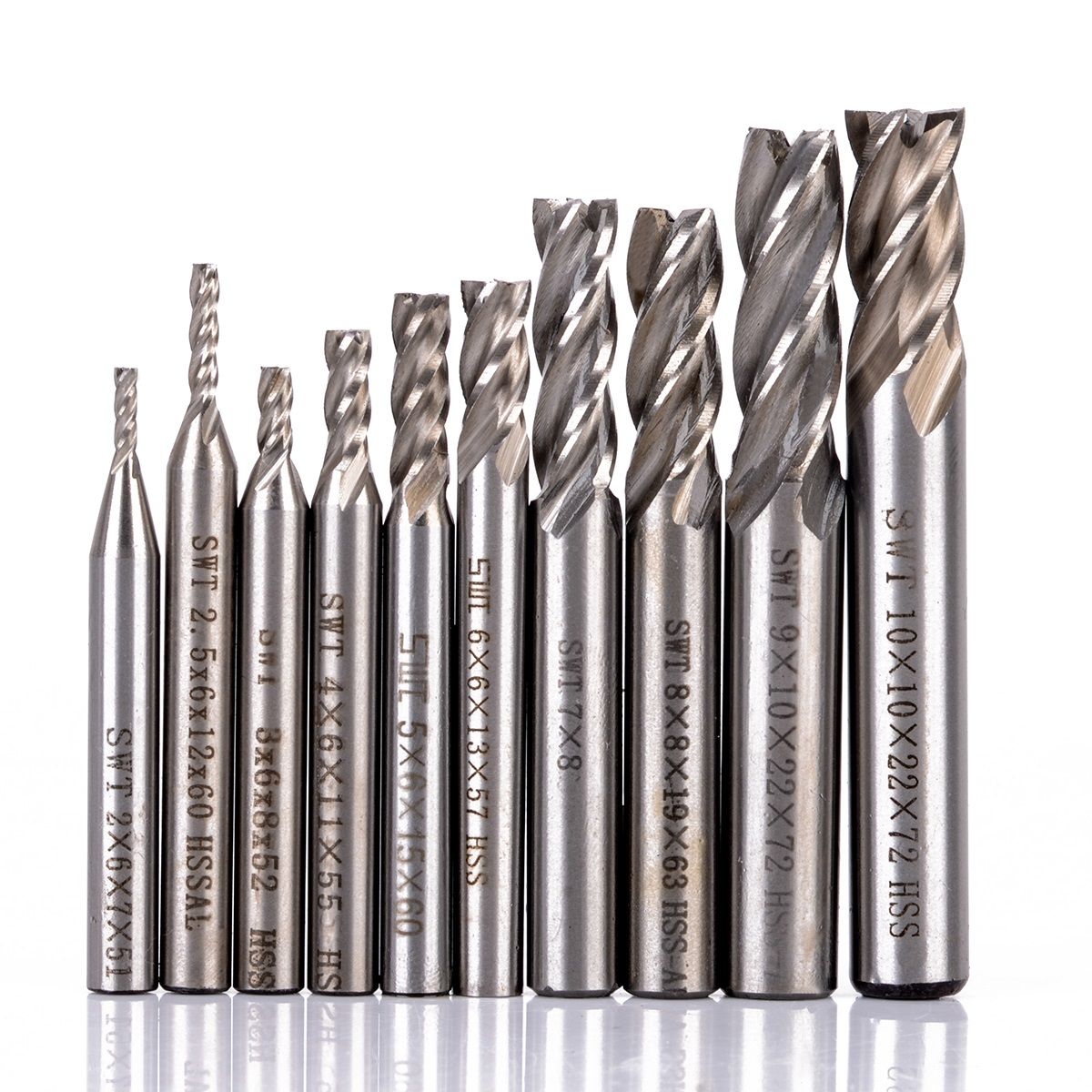 10X 2-10mm End Mill Set HSS 4 Blades Flute Milling Cutter Router CNC Drill Bit