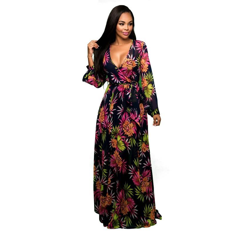 Compra Vestido De Gasa De Manga Larga Con Cuello En V Y Flores Florales  Para Mujer Vestido Largo De Fiesta Formal Vestido De Fiesta Vestidos De  Renda Barato | Entrega Rápida Y