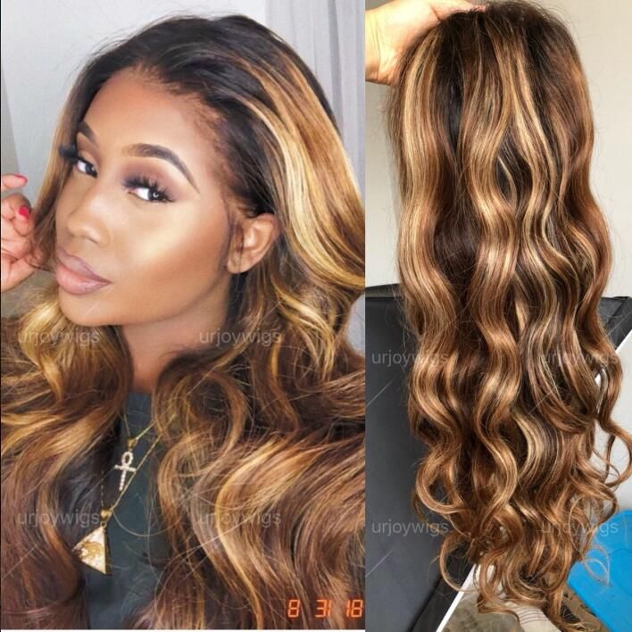 Two Tone Ombre Highlight Lace Front Wigs 100 Brazilian Virgin Human Hair Wavy Full Lace Wig 18 Inches Wavy For Beauty Black Wigs Blonde Wigs From