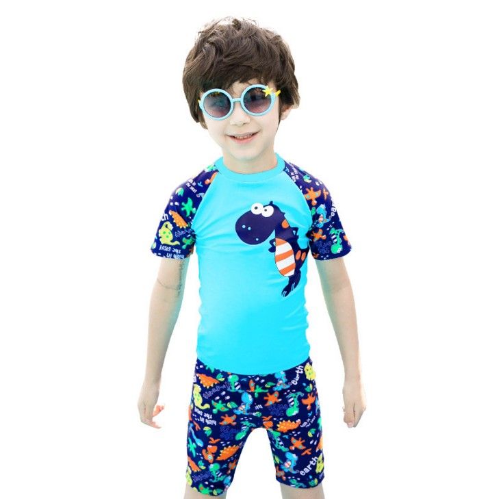 Baby Kids Boys Toddler Two Pieces Short Sleeve Cartoon Animal Quick Dry Sun Protection Swimsuit Swimwear