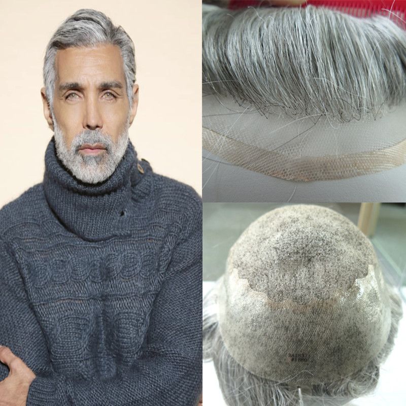 2019 Grey Hair French Lace Toupee For Men Lace Front With Poly
