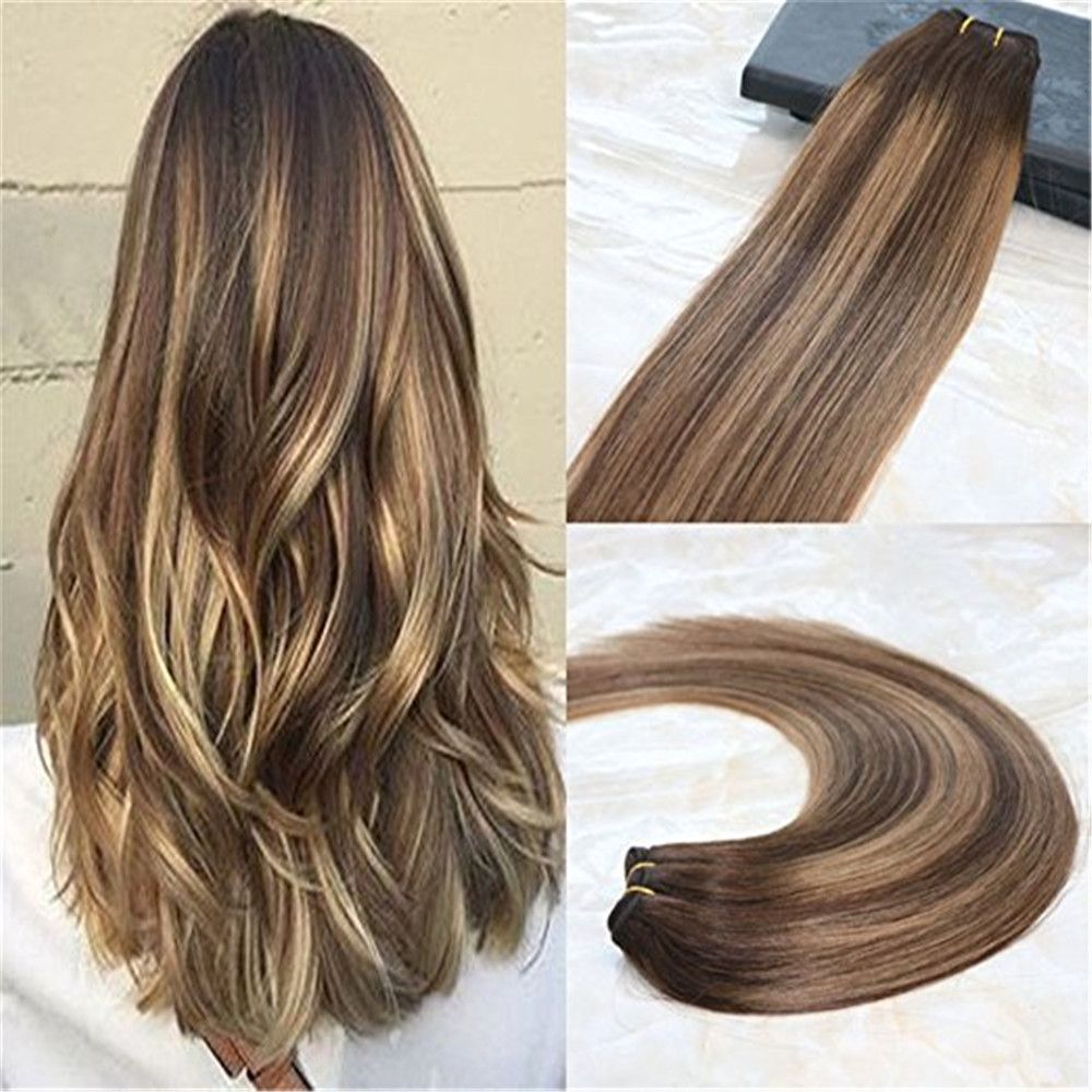 Real Hair Double Weft Human Hair Extensions Balayage Ombre Remy Hair Color  #4 Dark Brown Fading to #27 Honey Blonde Ombre Color Extensions