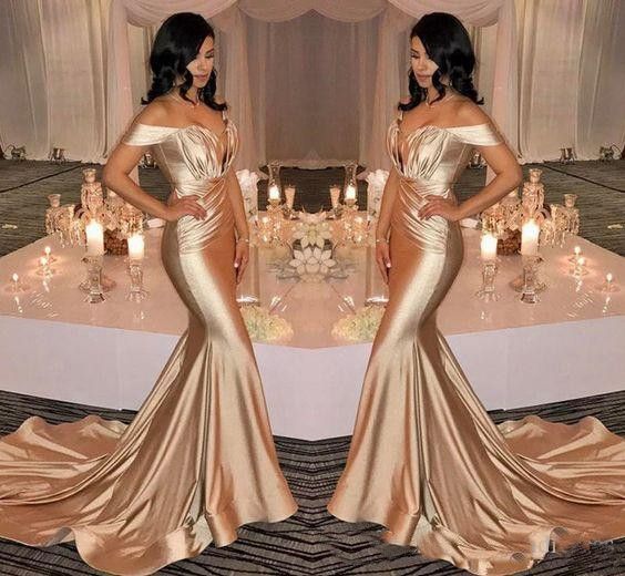Off Shoulder Gold Mermaid Prom Dresses 