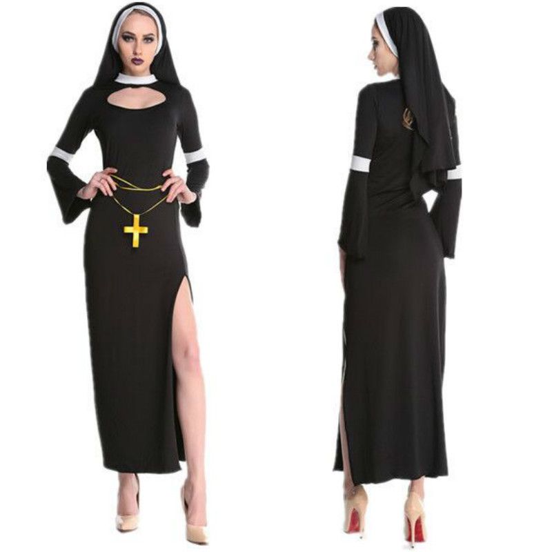 2018 Nueva Ropa Caliente Negro Sexy Monje Católico Vestido Disfraces Halloween Traje