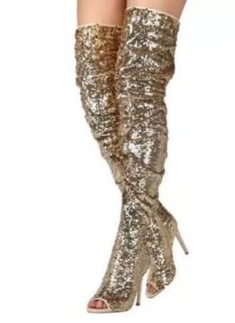 gold sequin thigh high boots