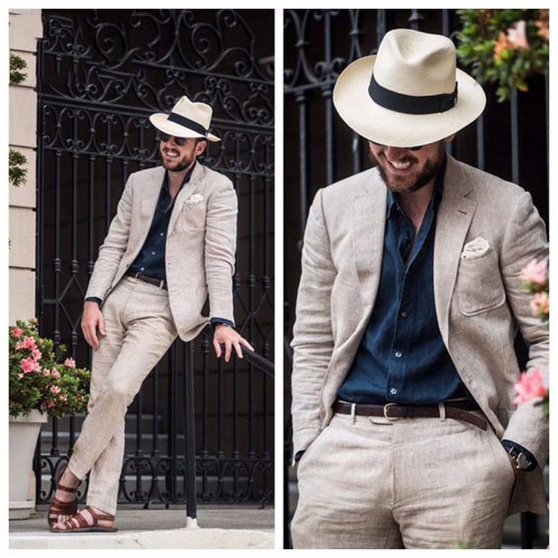 Acheter Plage Beige Lin Hommes Costumes Pour Costume De Mariage Trajes De Hombre Groom Tuxedo Terno Masculino Slim Fit Meilleur Homme Blazer Prom