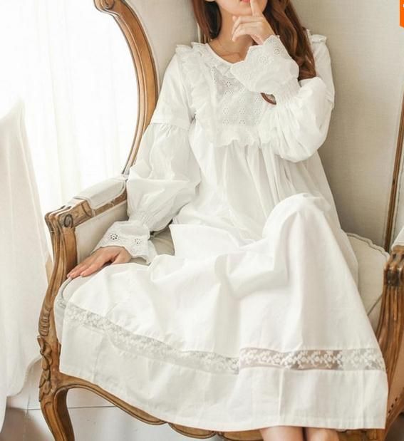 white cotton nightgown long sleeve