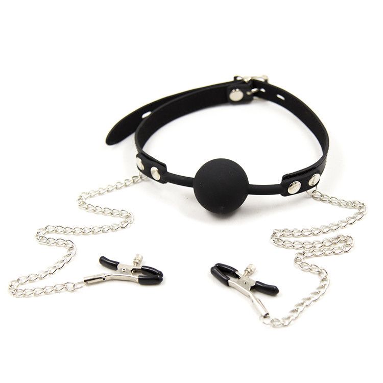 bdsm mouth torture silicone ball gag stopper with nipple clamps tits clips bondage gear adult
