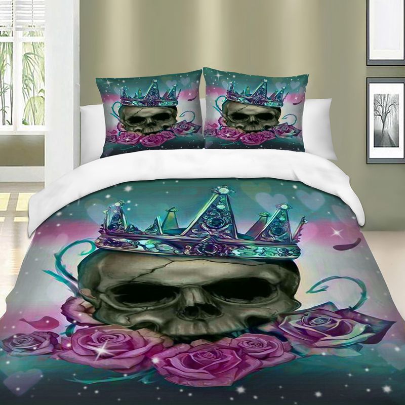 Duvet Cover 3d Skull Pink Rose Bedding Set Piollowcase Queen Sizes