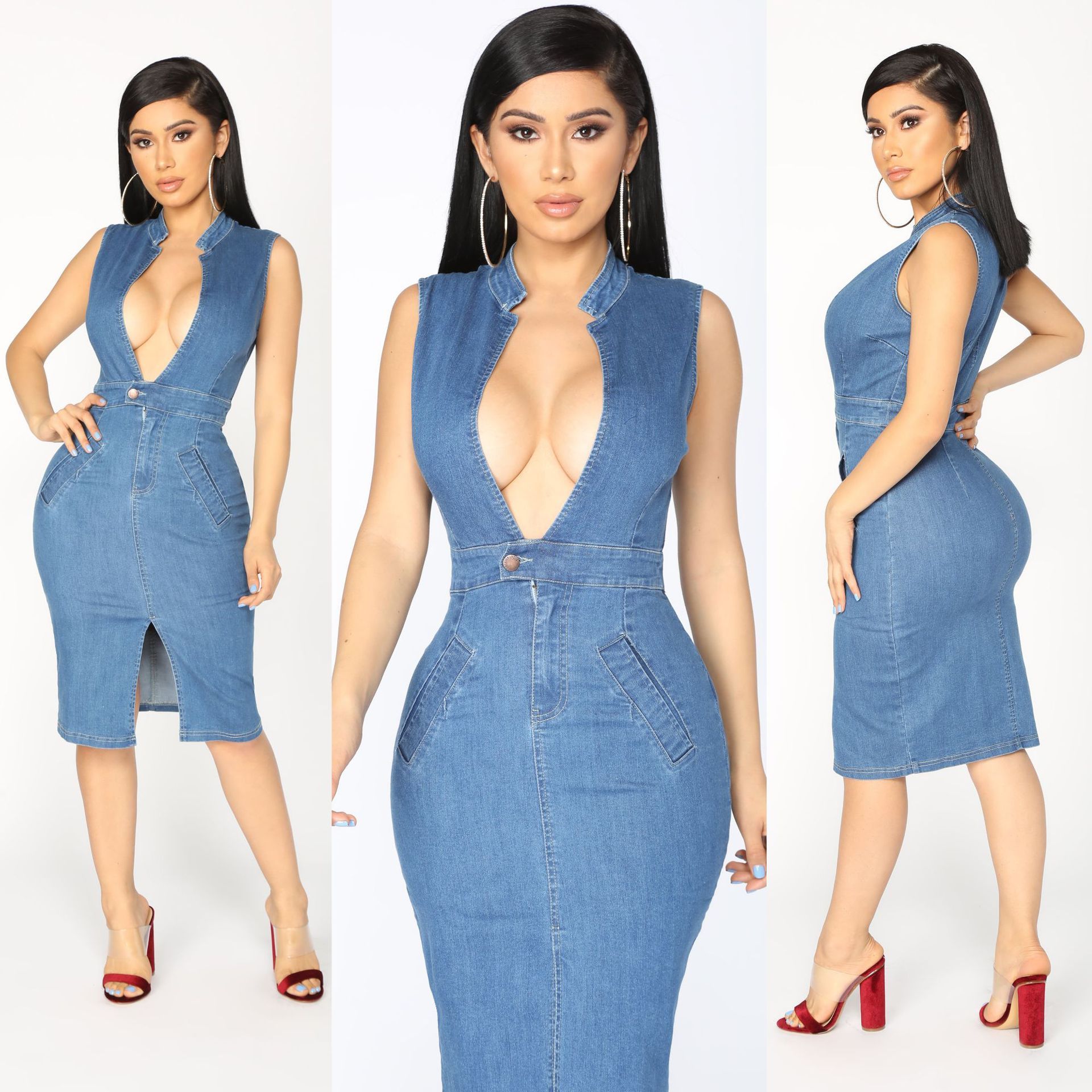 Vestido ajustado sexy de las mujeres de la moda Vestido de mezclilla sin mangas con escote Vestido ajustado sexy de las mujeres de la moda Vestido de mezclilla sin mangas con escote
