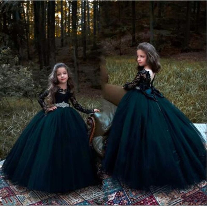 New Black Puffy Ball Gown Tull Flower Girl Dresses With Long