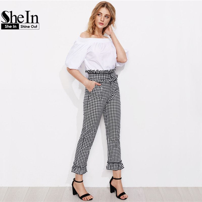 Großhandel SheIn Sommerhose Für Damen Schwarz Weiß Karierte Hose Mit Hoher Taille Und Eleganter Gerader Hose Mit Gingham Rüschenbesatz Von Mallten, Großhandel SheIn Sommerhose Für Damen Schwarz Weiß Karierte Hose Mit Hoher Taille Und Eleganter Gerader Hose Mit Gingham Rüschenbesatz Von Mallten,