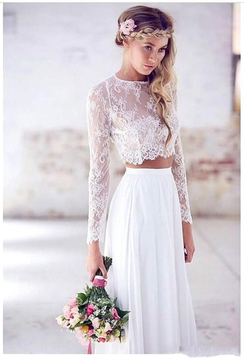 2019 barato Dos piezas BLANCO BOHO Vestido de novia de alta calidad Cordón de chifón de 2019 barato Dos piezas BLANCO BOHO Vestido de novia de alta calidad Cordón de chifón de