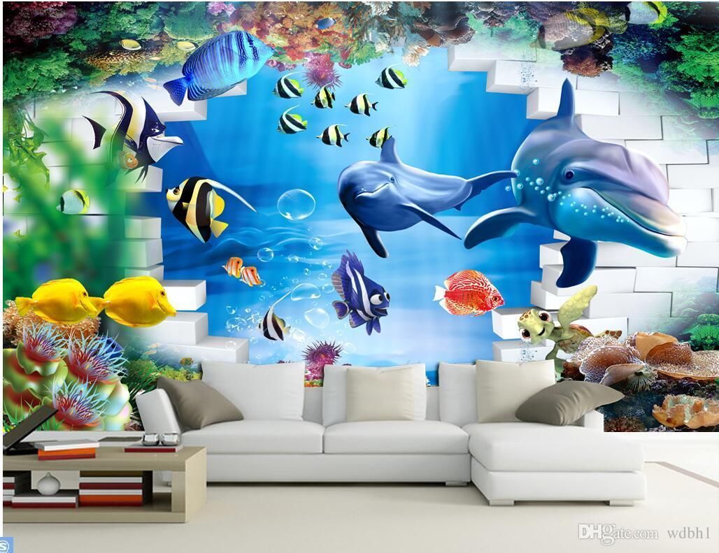 3d Wallpaper Custom Photo Underwater World Dolphin Brick Wall Background Painting 3d Wall Murals Wallpaper For Living Room Walls 3 D From Wdbh 12 55 Dhgate Com