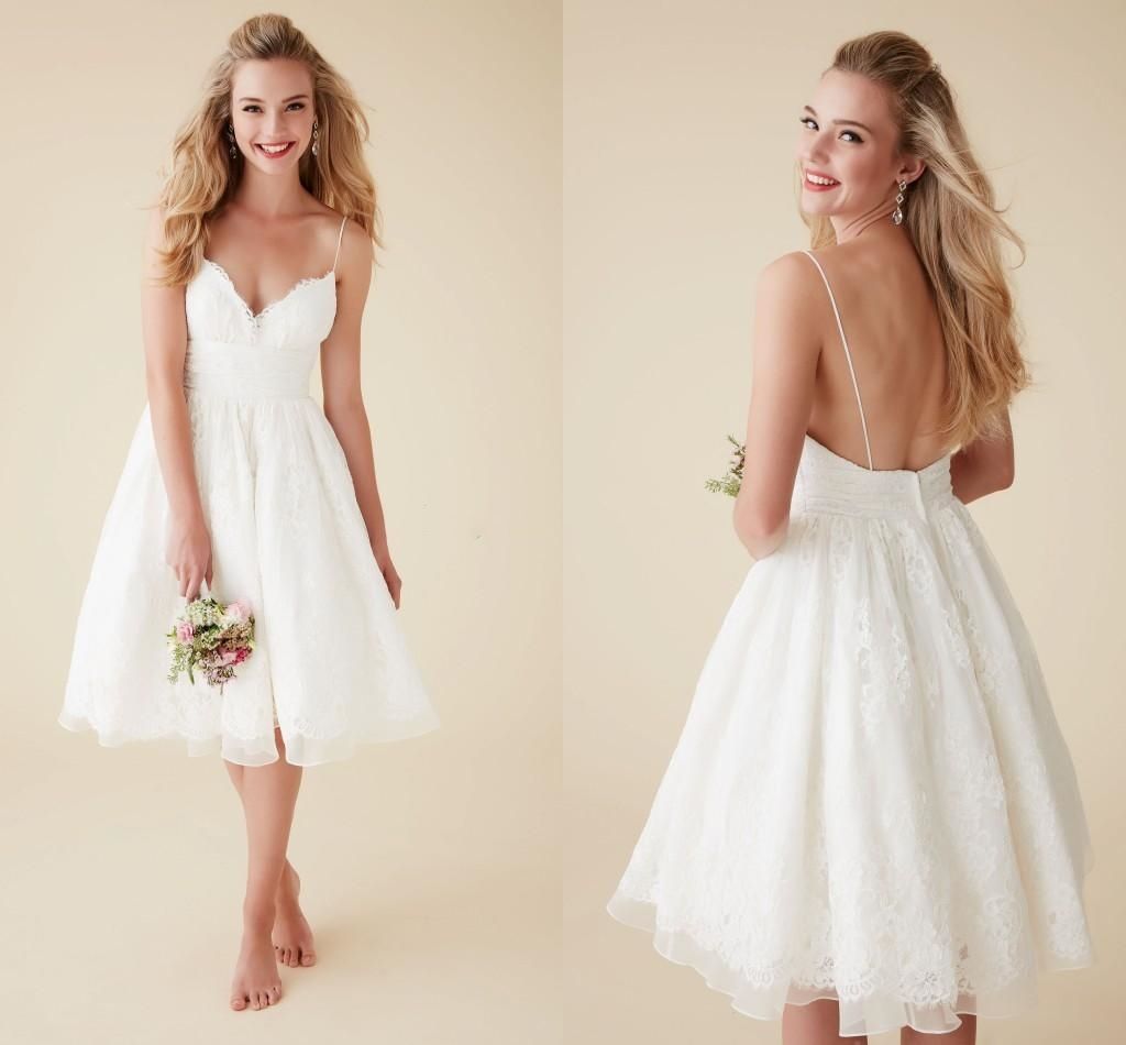 2020 Charming Cute Short Beach Wedding Dresses V Neck Spaghetti Straps Knee Length Sexy Backless Wedding Gowns Organza Lace Bridal Dresses Canada 2019