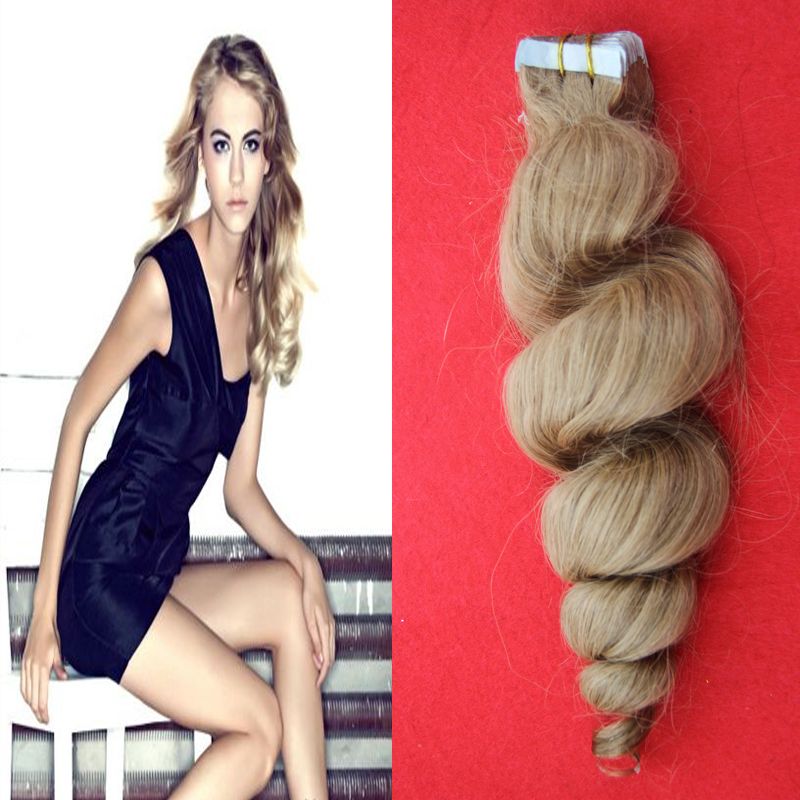 18 Dark Ash Blonde Tape In Human Hair Extensions Loose Wave 100g