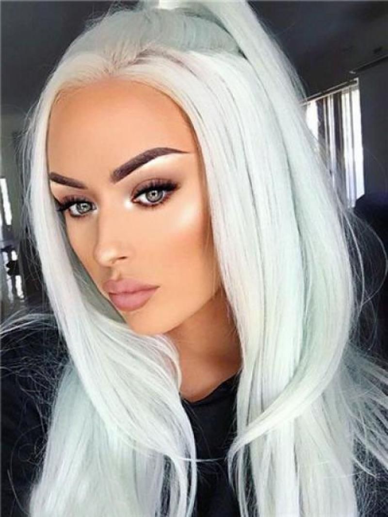 24 Inches Mint Green Sliky Straight Synthetic Lace Front Wig Ombre