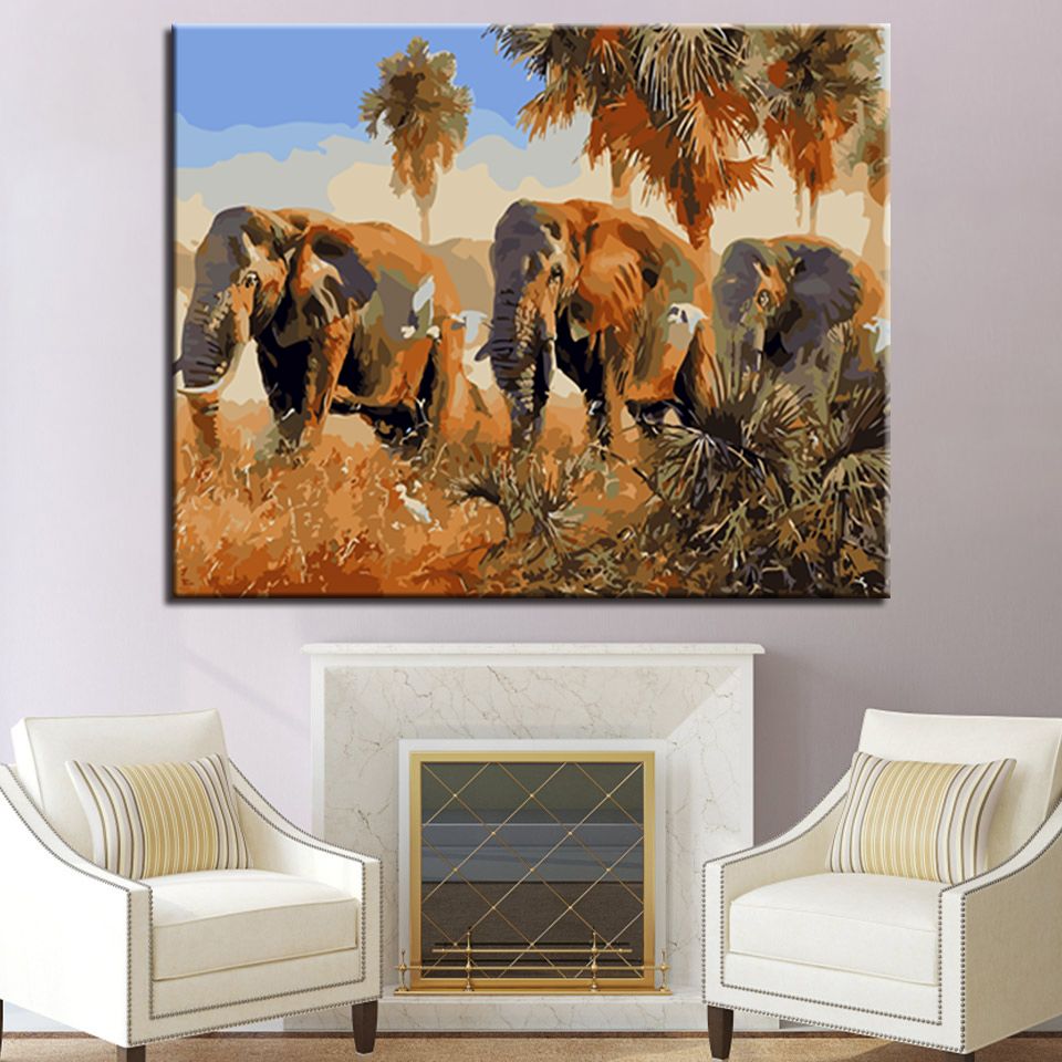 Compre Pintura Al Oleo De Bricolaje Por Los Numeros Elefantes