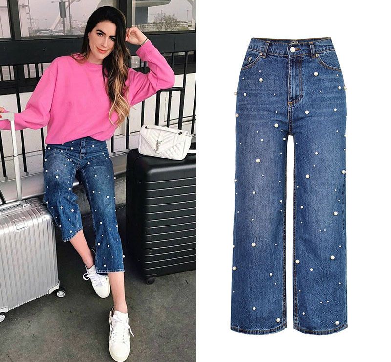 Compra Pantalones Vaqueros Rectos De Cintura Alta Mujer Pantalones De  Mezclilla Ocasionales De Pierna Ancha Perla Decorar Moda Chica Azul Jean  Relajado Barato | Entrega Rápida Y Calidad | Es.Dhgate