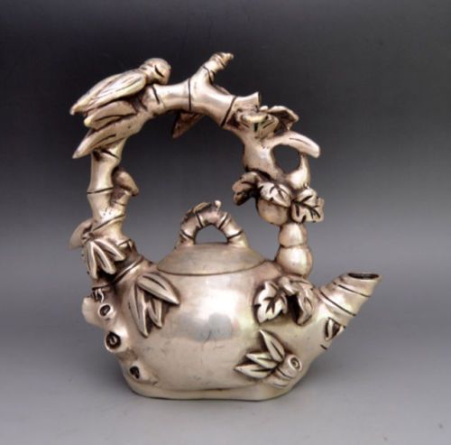 Asia Collectible Decorated Miao Silver Carved Bird On Grape Tree Tea Pot 