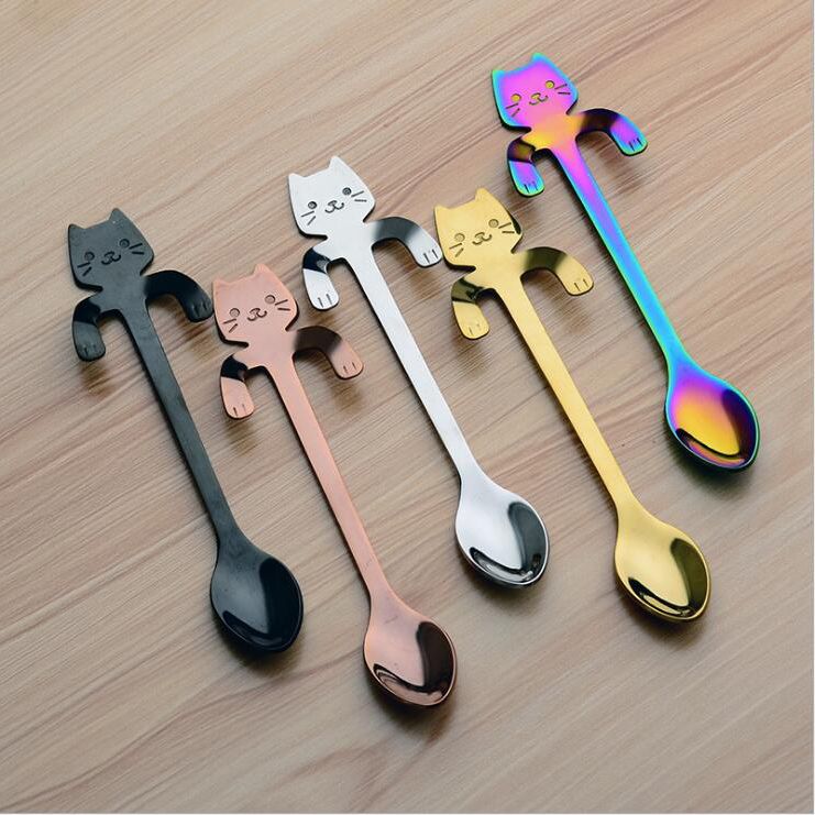 Cerámica Gato café cuchara Cartoon cuchara mango de acero inoxidable cucharas de té White Black 2 unidades