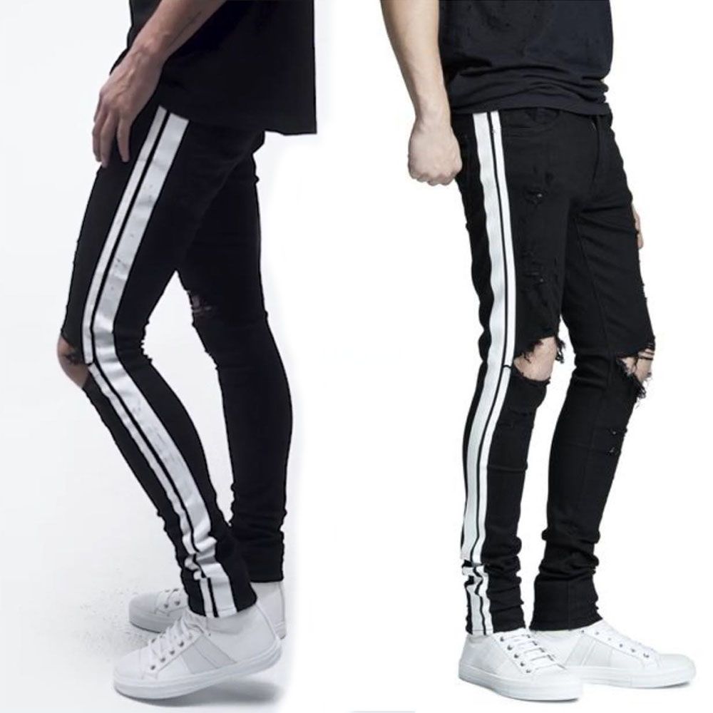 black jeans with white side stripe