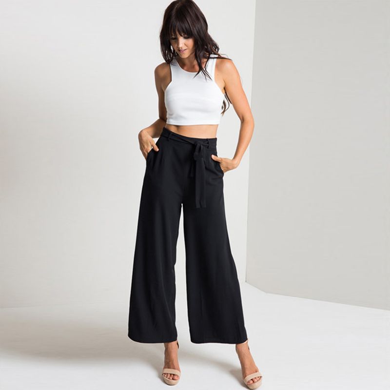 Compra AKYZO 2017 Mujeres Moda Media Cintura Pantalones Anchos Casuales  Pantalones Hasta El Tobillo Pantalones Palazzo Pantalones Fajas Con Lazo  Fondos Negros Y Marrones Barato | Entrega Rápida Y Calidad | Es.Dhgate